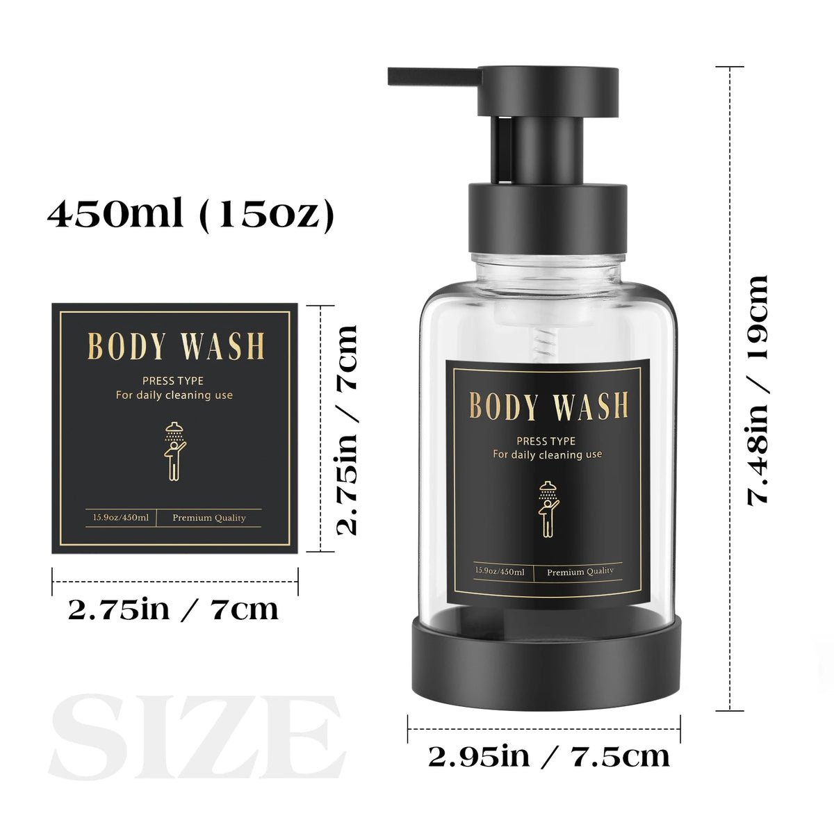 distributeur savon liquide noir bleu clair moderne minimaliste transparent pompe pression étiquette noire texte