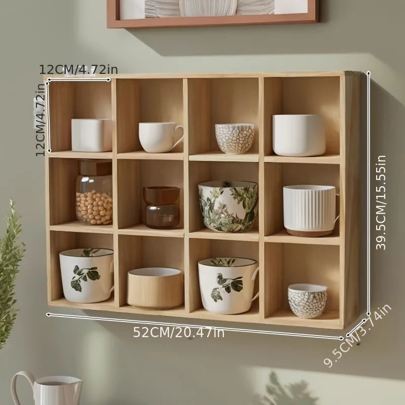 étagère murale bois naturel 12 compartiments moderne rangement salon vintage minimaliste