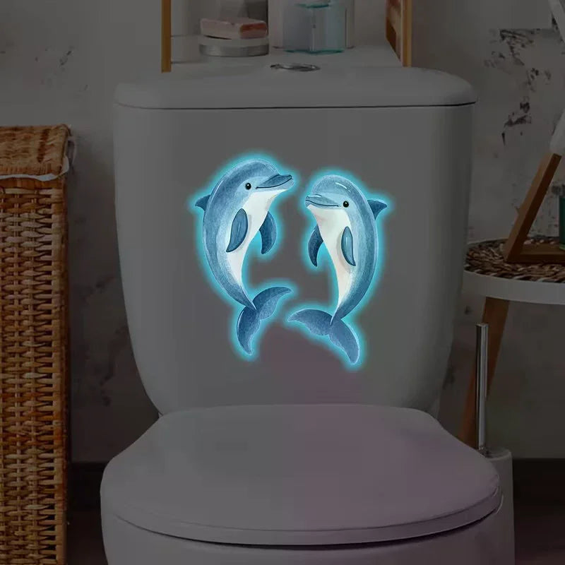 sticker mural lumineux dauphin bulles bleu clair blanc adhésif salle bain fenetre decoration nuit