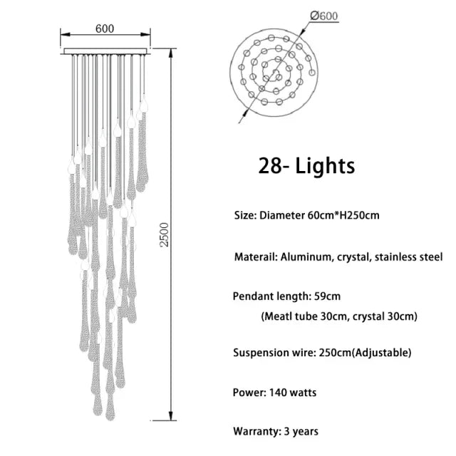 suspension lumineuse or gouttelettes contemporaine 18 lumières spiral transparent élégante
