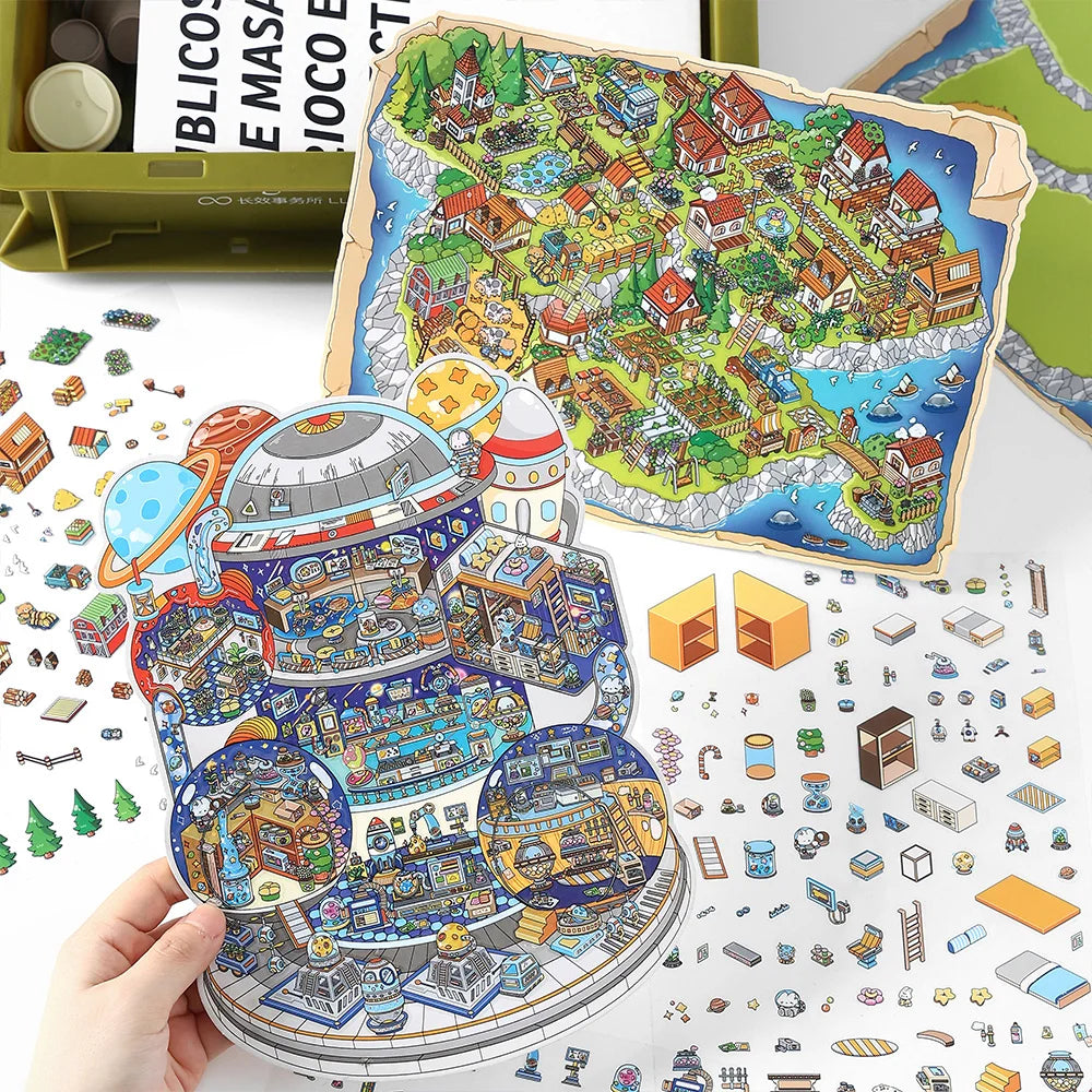 puzzle pieces multicolores cartoon animaux maisons paysages bricolage scrapbooking matériaux opaques