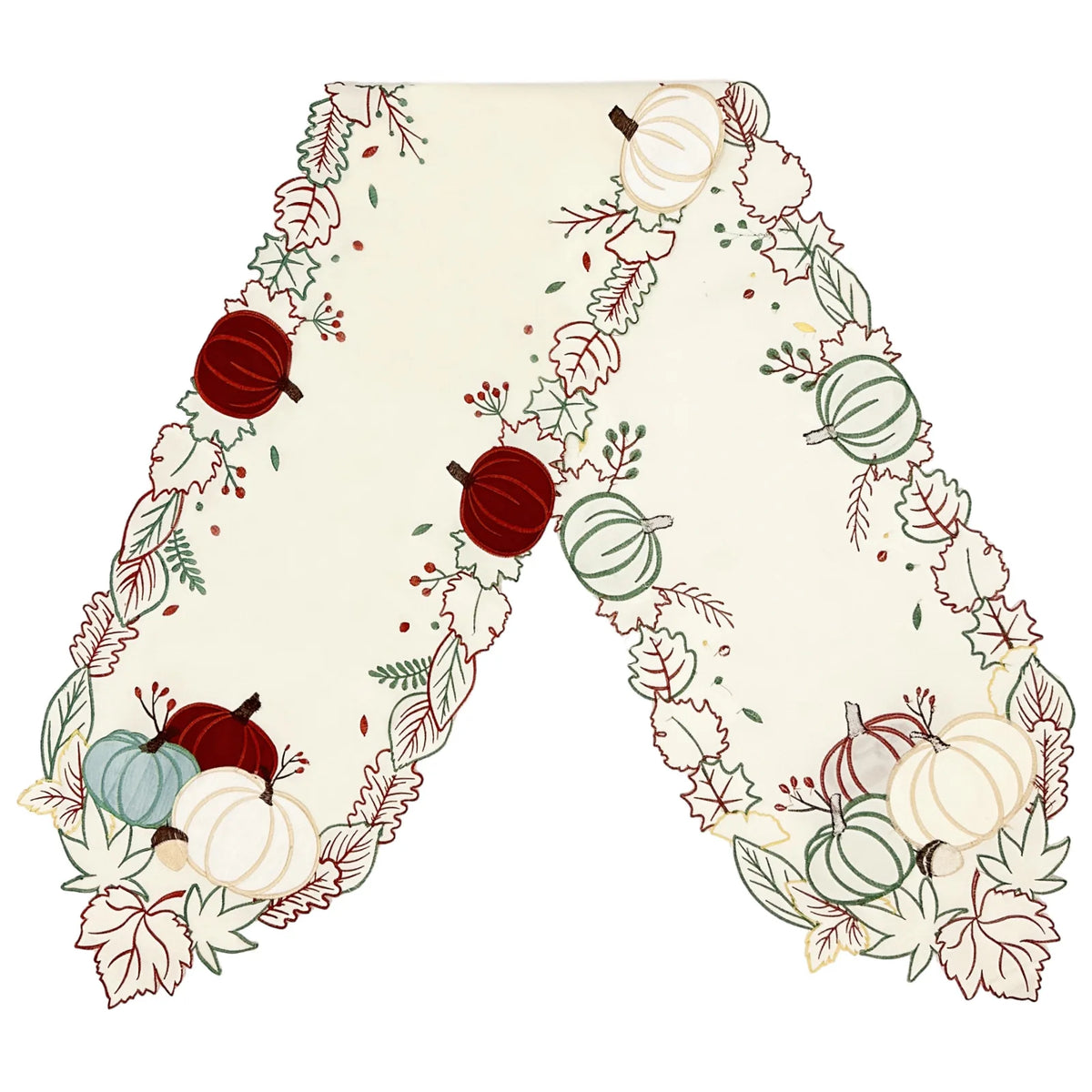 chemin table automne citrouilles feuilles baies blanc rouge vert beige festive polyester