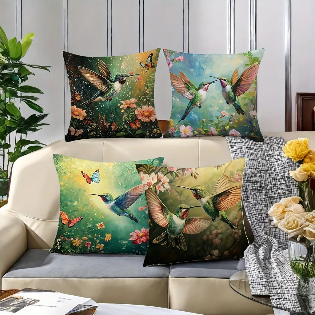 taies d'oreiller imprimées motifs fleurs colibris modernes polyester peachskin 40x40cm 45x45cm 50x50cm 60x60cm decoration