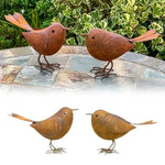 statues oiseaux marron rouille métal rustique jardin extérieur décoration aspect vieilli texture rugueuse deux