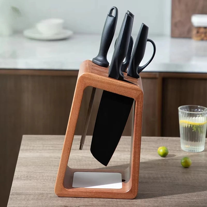 organisateur couteaux bois naturel anti moisissure moderne adhésif couteaux poignées noires rangement cuisine ventilé