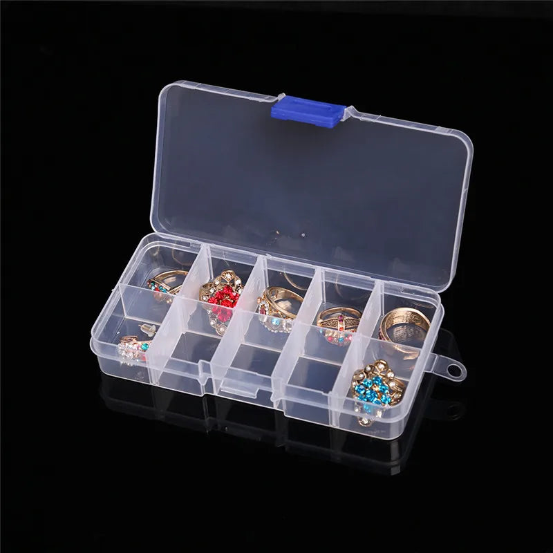 boîte rangement bijoux transparente pratique 10 compartiments clips cheveux poignée bleue