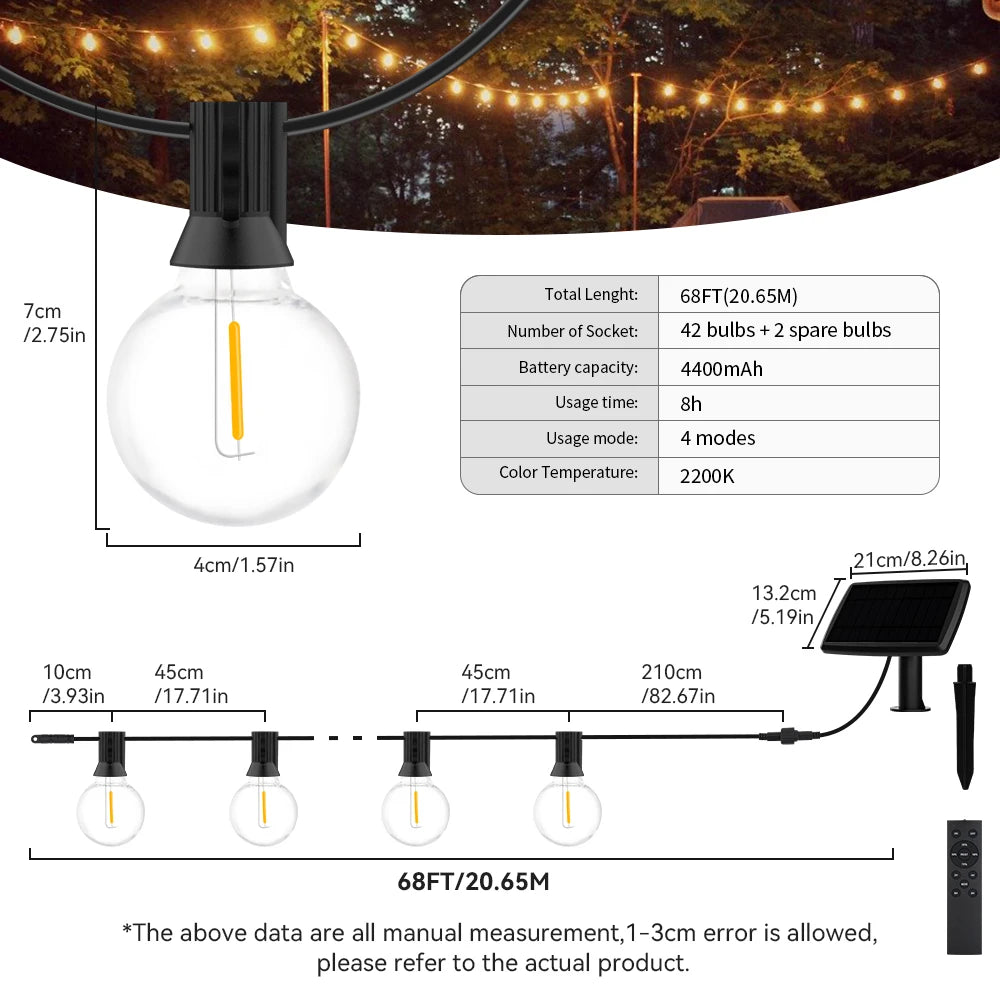 guirlande lumineuse solaire transparente jaune doré 42 ampoules led 4400mAh ip44 vintage clips