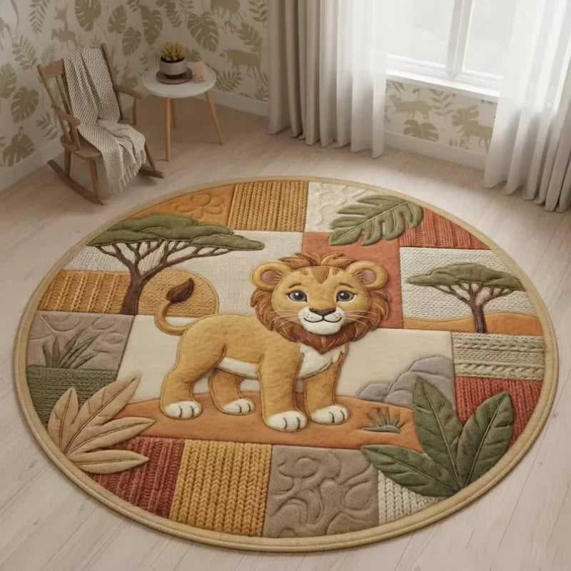 tapis rond patchwork motif lion jungle décoratif doux antidérapant enfant salon chambre intérieur beige