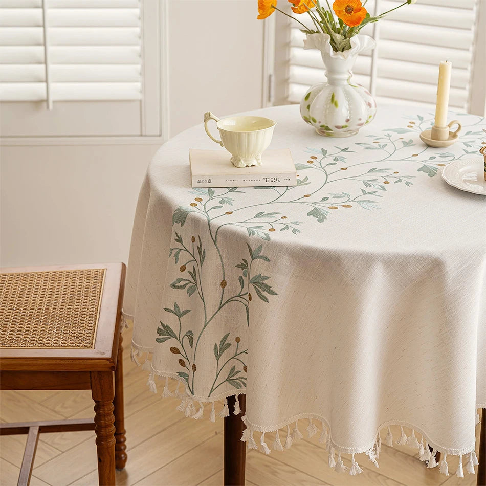 nappe table lin broderie végétale feuilles branches tassellettes classique beigeclair réutilisable machineextérieurhôtelmarriages