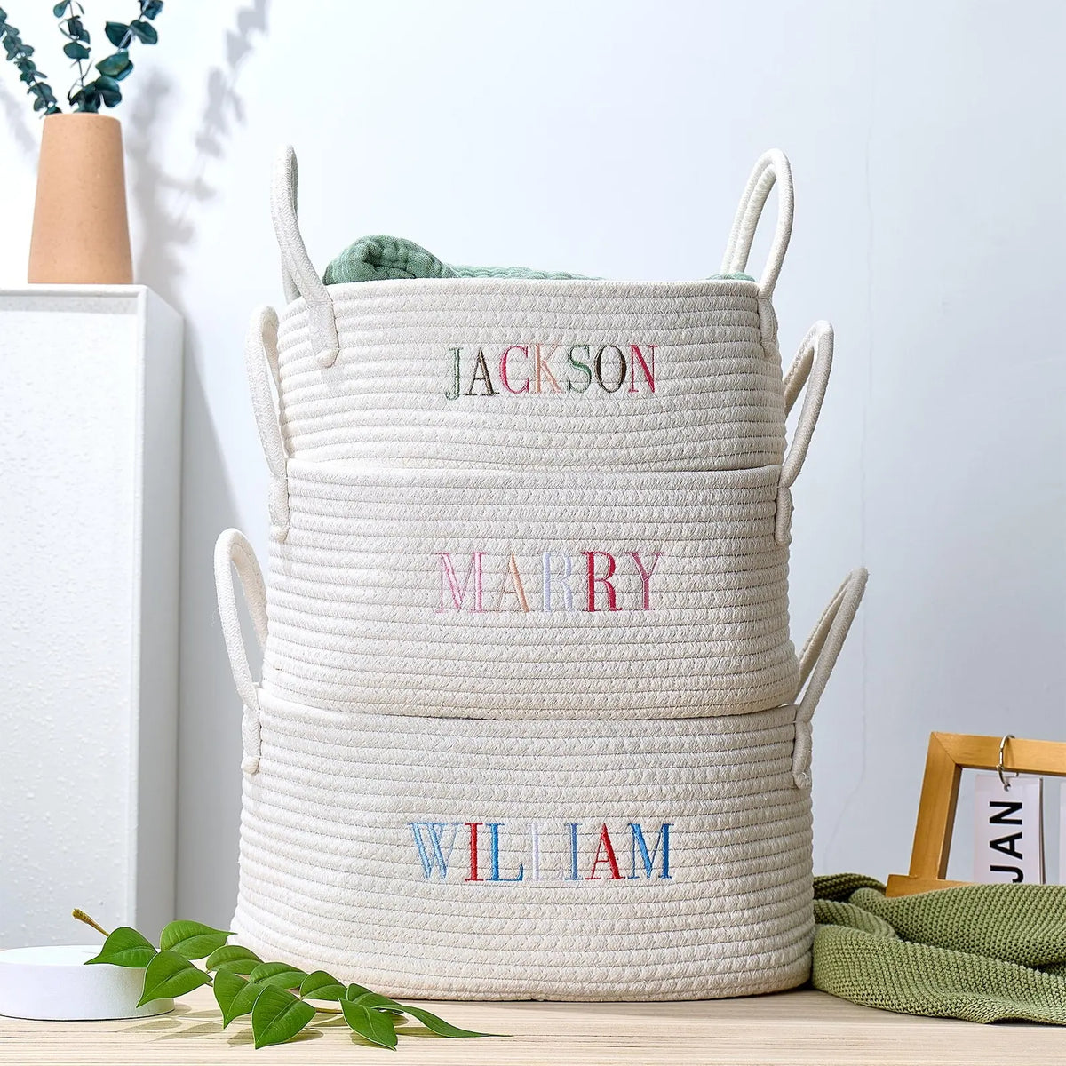 panier tissé pliable rangement blanc moderne respectueux environnement nom personnalisé