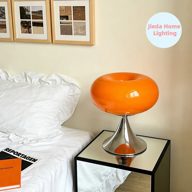 lampe table moderne verre opalescent couleurs vives vert orange rose jaune base métallique prise