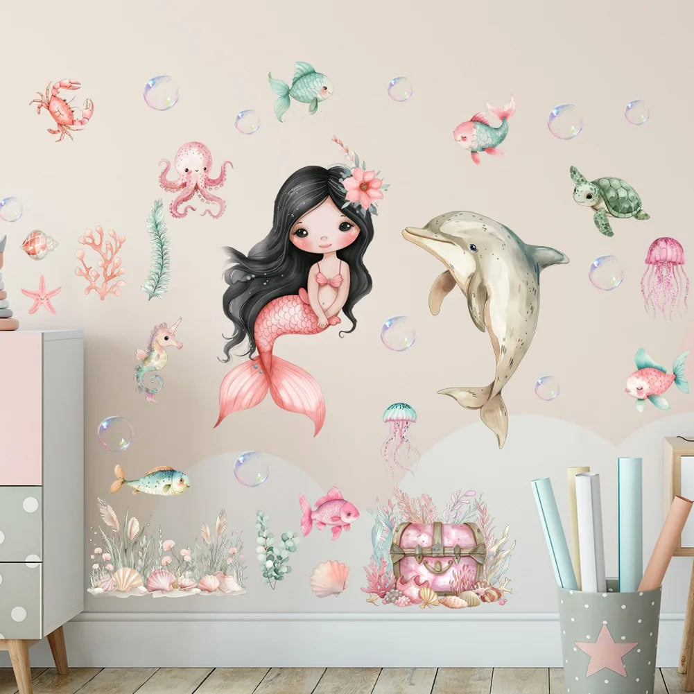 stickers muraux sirène dauphin poissons bulles coraux cartoon marine enfants chambre décoration mur