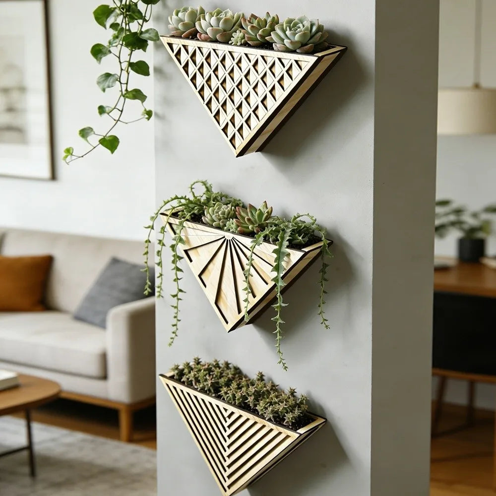 jardinière murale bois minimaliste modernes triangles succulentes bohèmes géométriques fixations vis incluses decorationintérieur