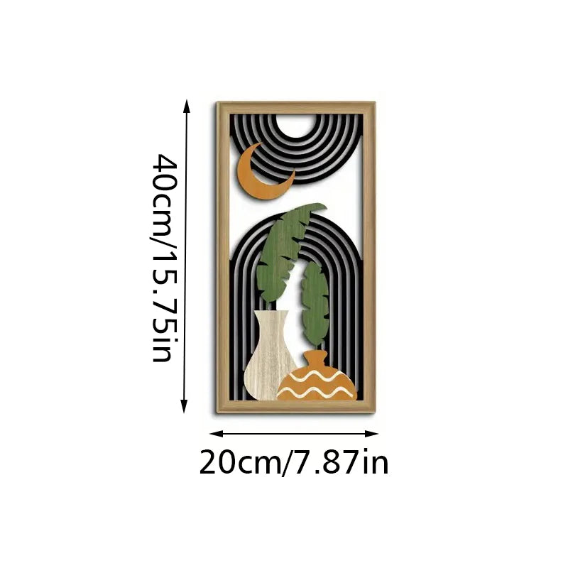 tableaux abstraits modernes bois noir blanc vert feuilles demi lunes dorées minimaliste