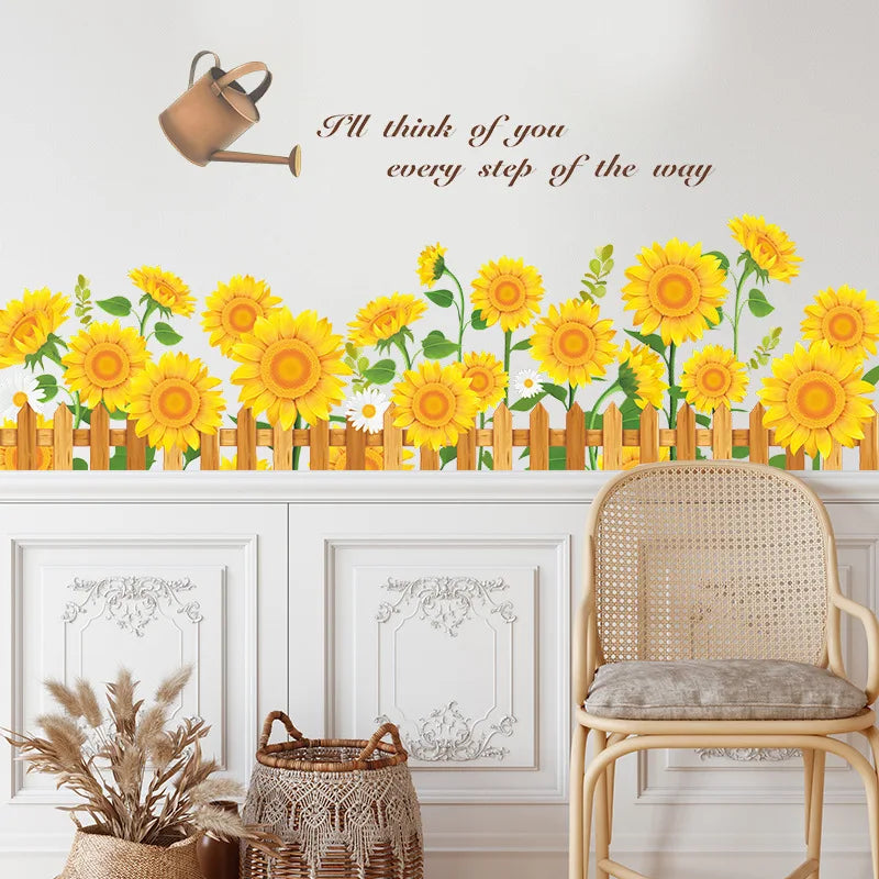 autocollant mural tournesol floral clôture bois inscription décoration mur opaque moderne chambre enfant