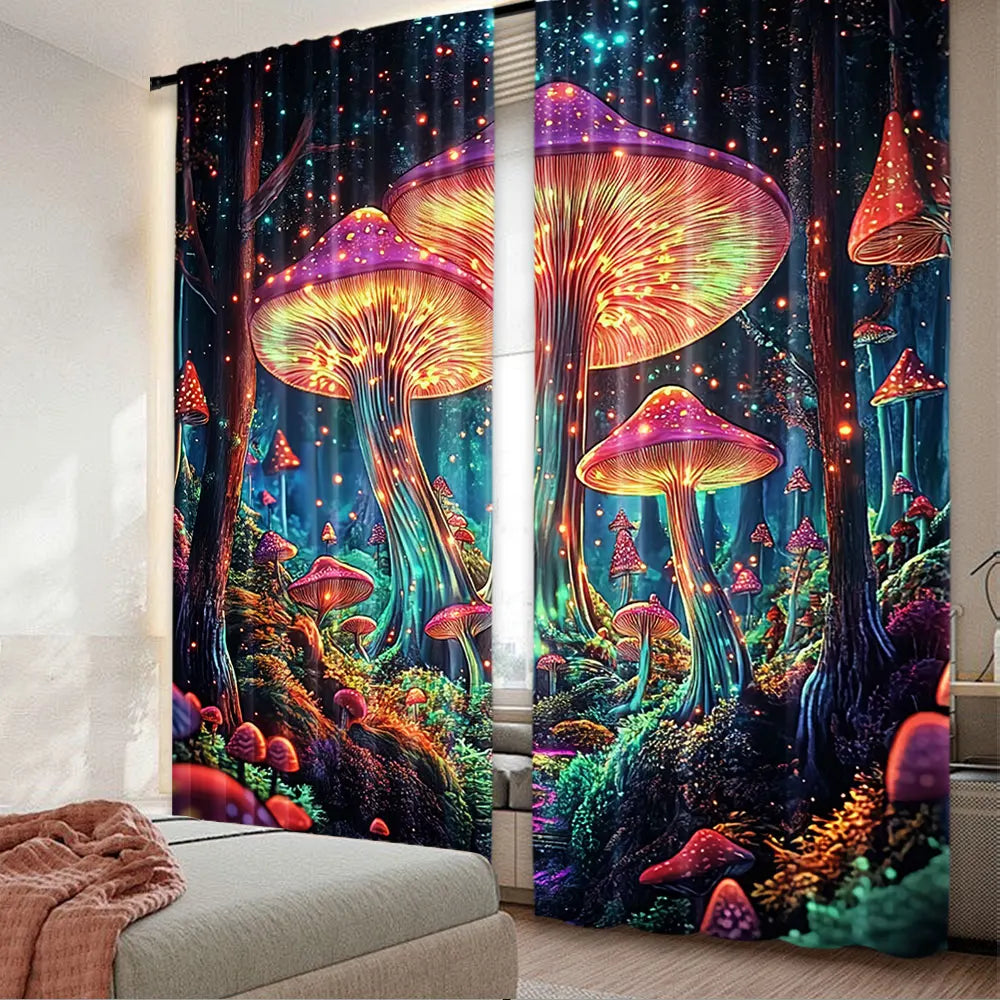 rideau polyester opaque champignons lumineux forêt fantastique couleur bleue verte rouge chambre salon