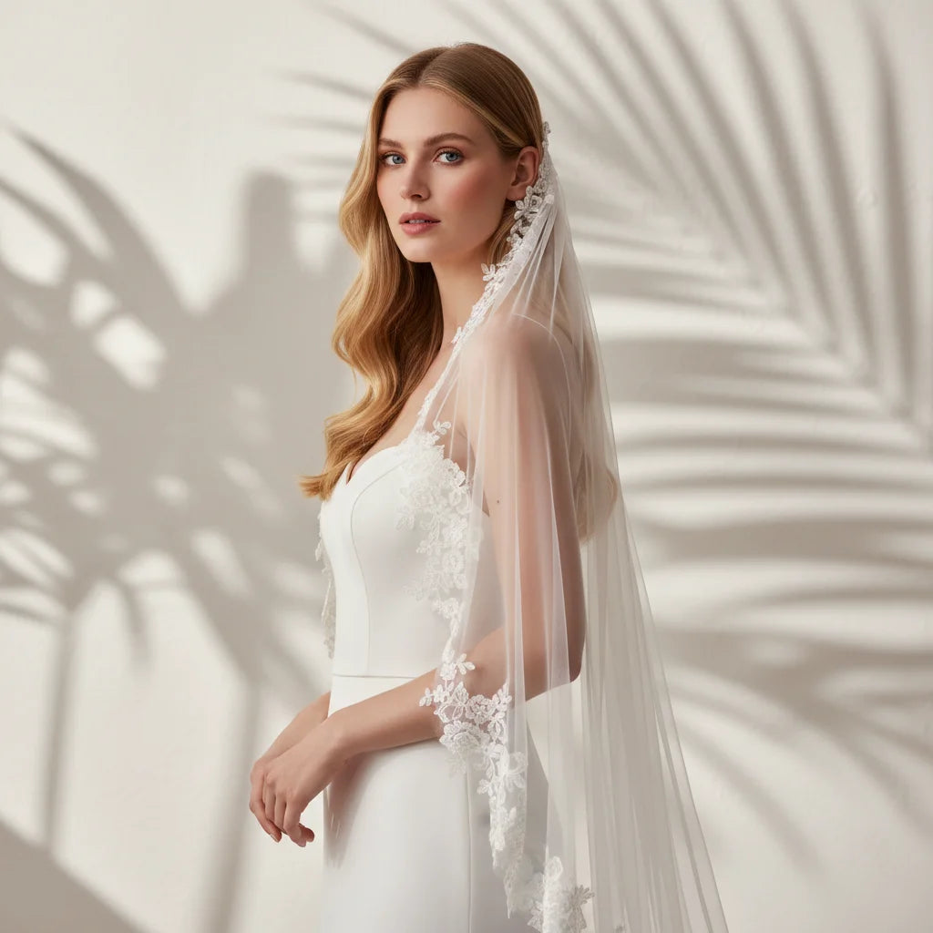 voile mariée blanc broderie florale classique bordure dentelle transparent femme
