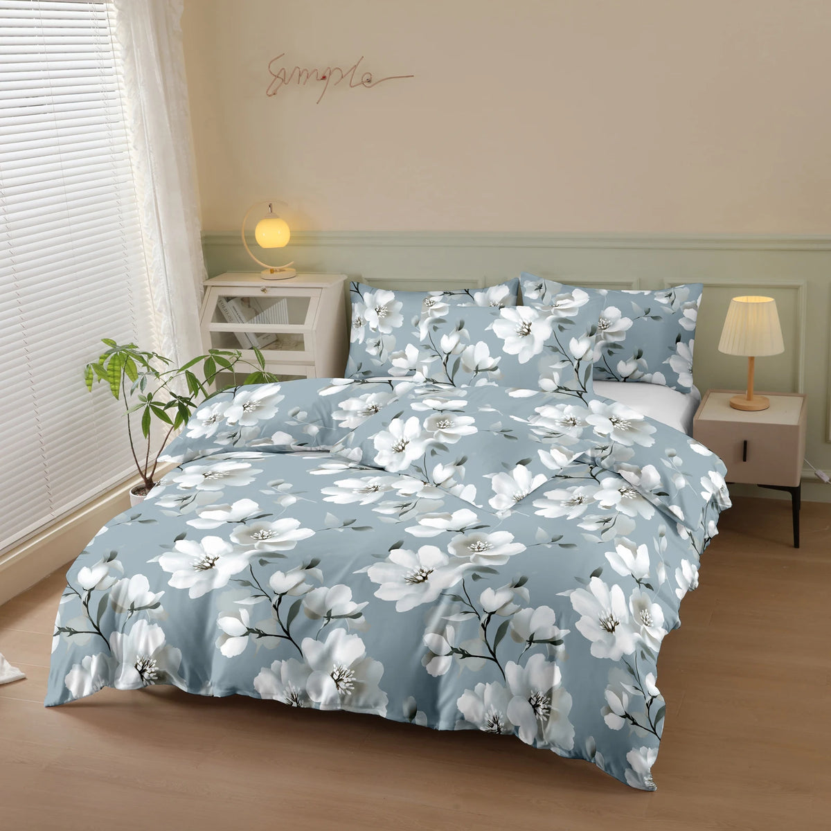 housse couette polyester floral pièces bleu gris blanc moderne chambre coucher lit