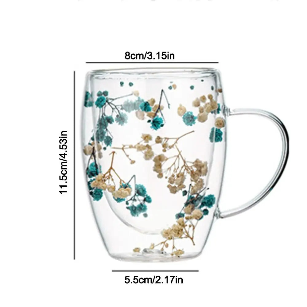 tasse verre double paroi fleurs séchées rose bleu moderne 350ml transparent