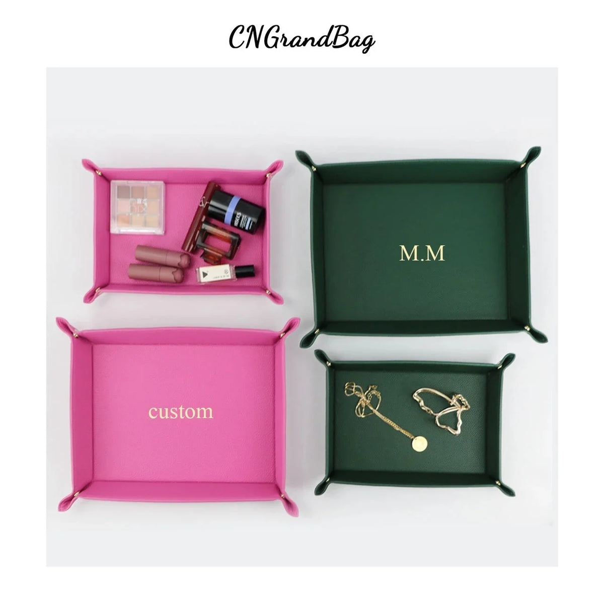 plateau rangement cuir bleu marine rose moderne dorés bijoux accessoires cosmétiques organiser pièces monnaie