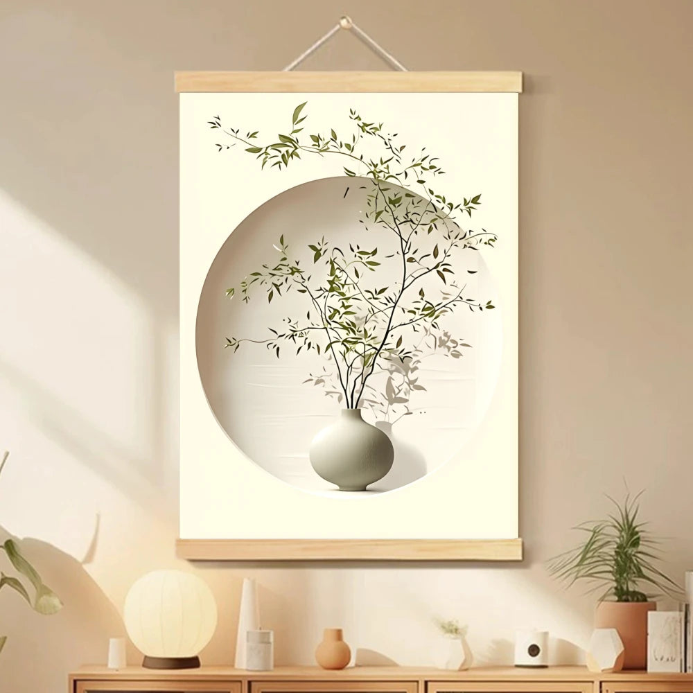 cadre mural moderne feuilles verte toile encadrée bois beige suspension corde minimaliste abstraite