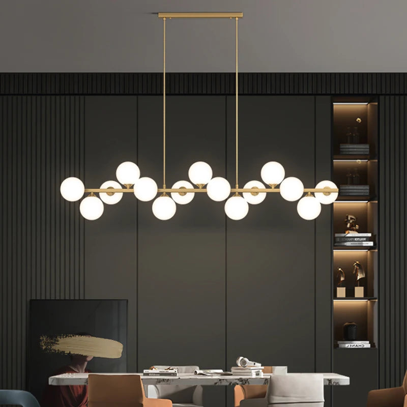 lustre suspension moderne blanc or boules sphériques éclairage salon salle manger