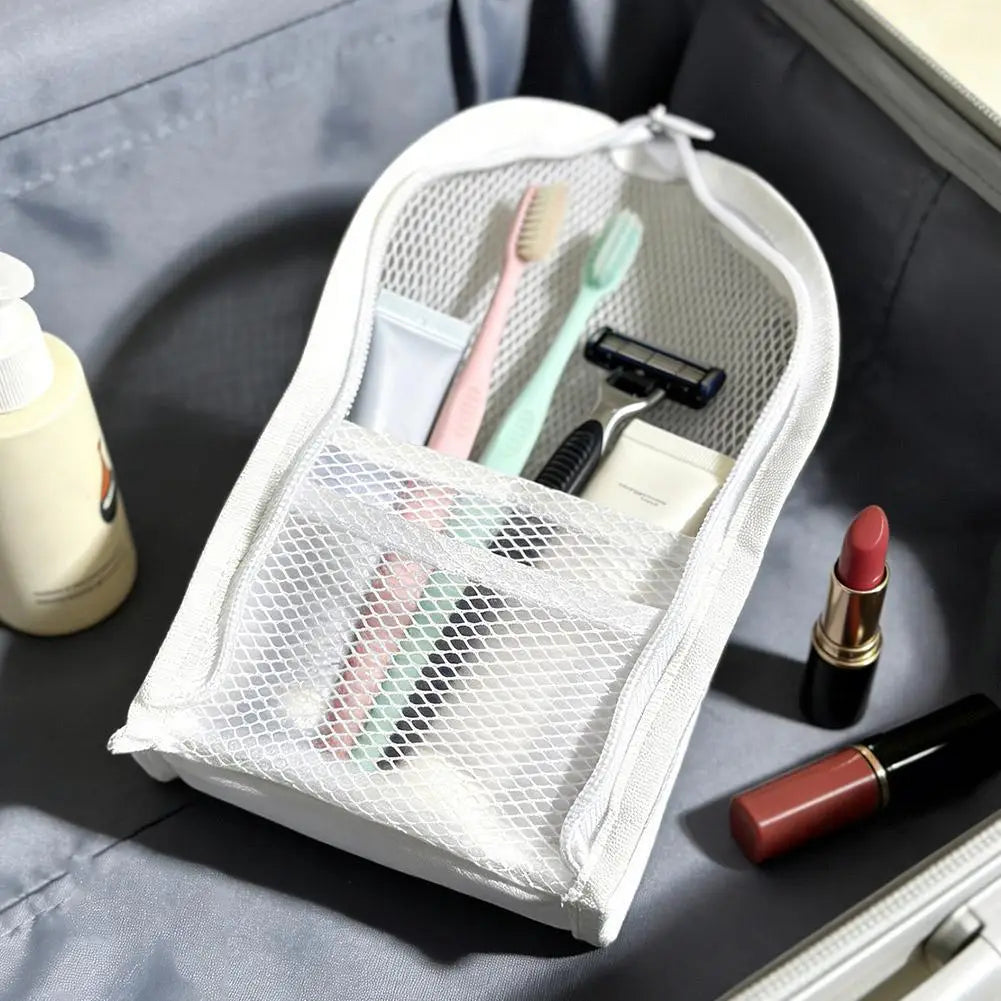 Sac rangement maille blanc noir gris réutilisable moderne brosse dents rasoir crème rouge lèvres