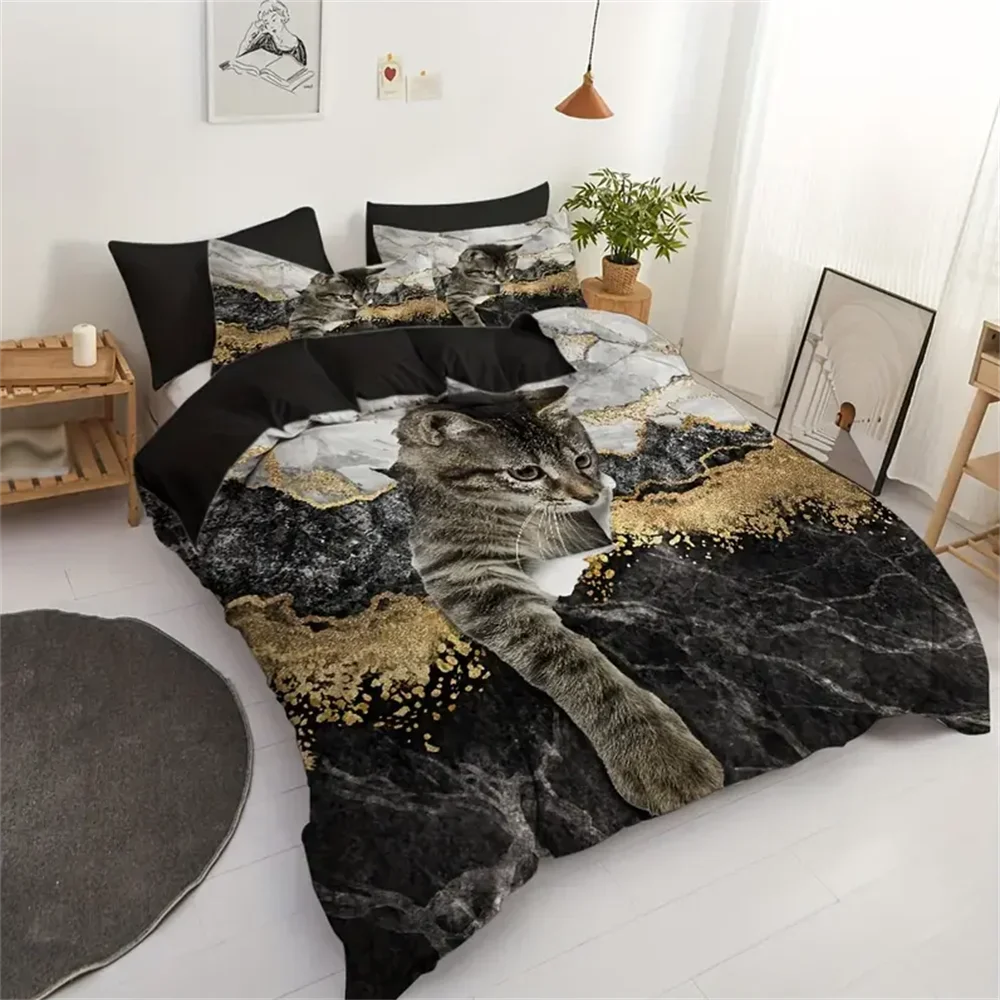 ensemble literie microfibres marbre veines dorées moderne élégant noir blanc gris housse couette taie
