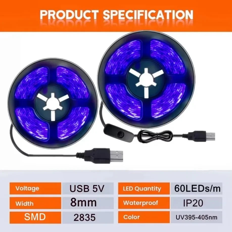 ruban led uv bleu points lumineux moderne adhésif connecteur usb câble usb 5v 60leds