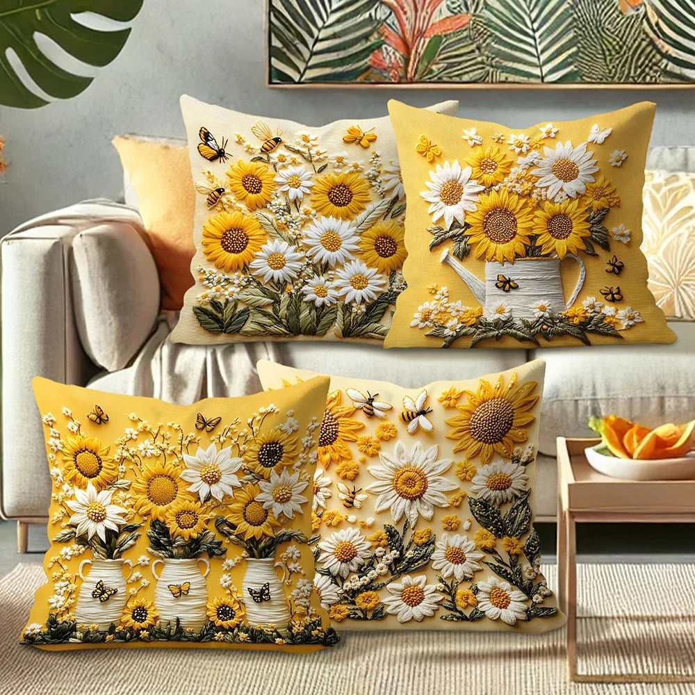 taies d'oreiller décoratives imprimées fleurs tournesols marguerites papillons polyester peachskin 40x40cm 45x45cm 50x50cm 60x60cm