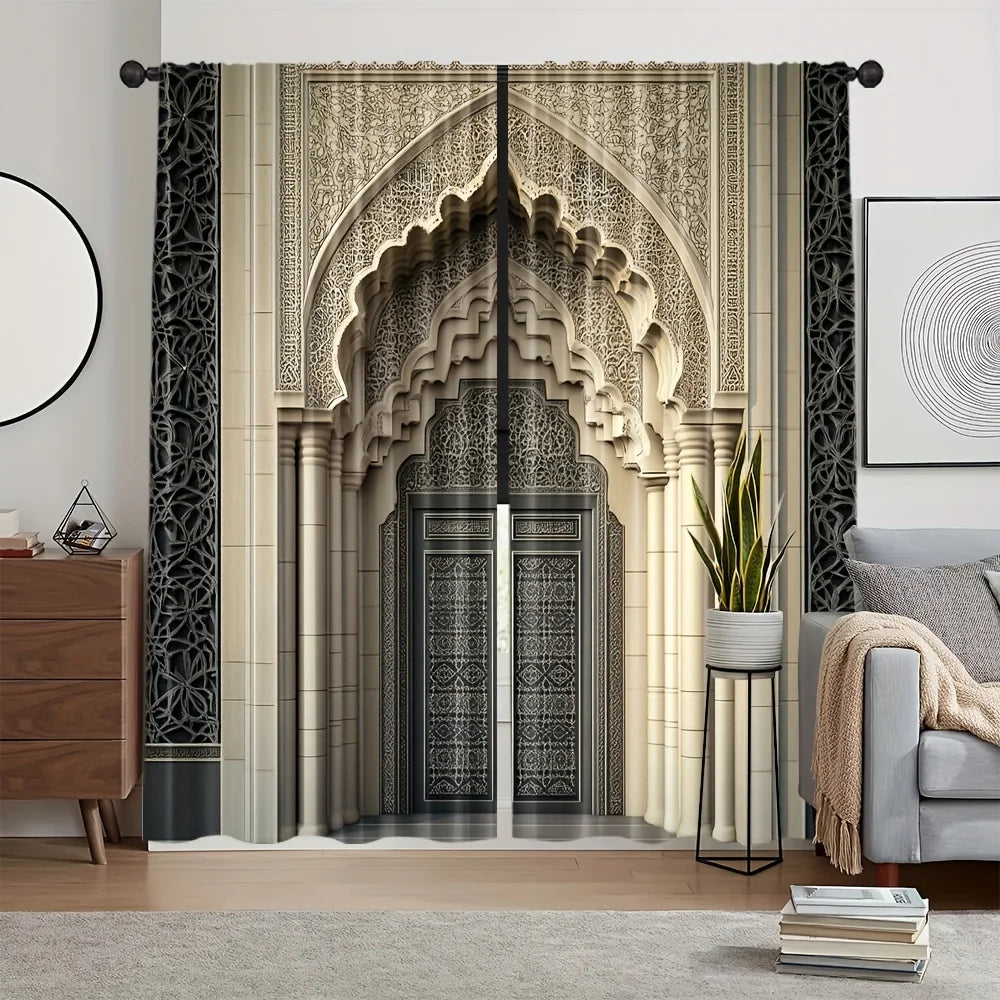rideaux arc marocain motif architectural beige clair noir gris décoration maison islamique decoration opaque
