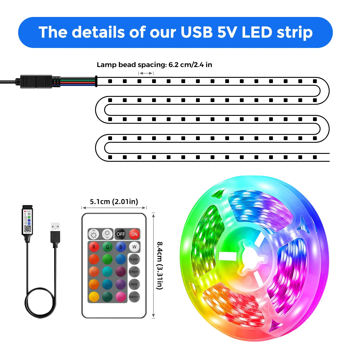 ruban led multicolore synchronisation musique télécommande câble usb adhésif moderne chambre fêtesRGBOptique