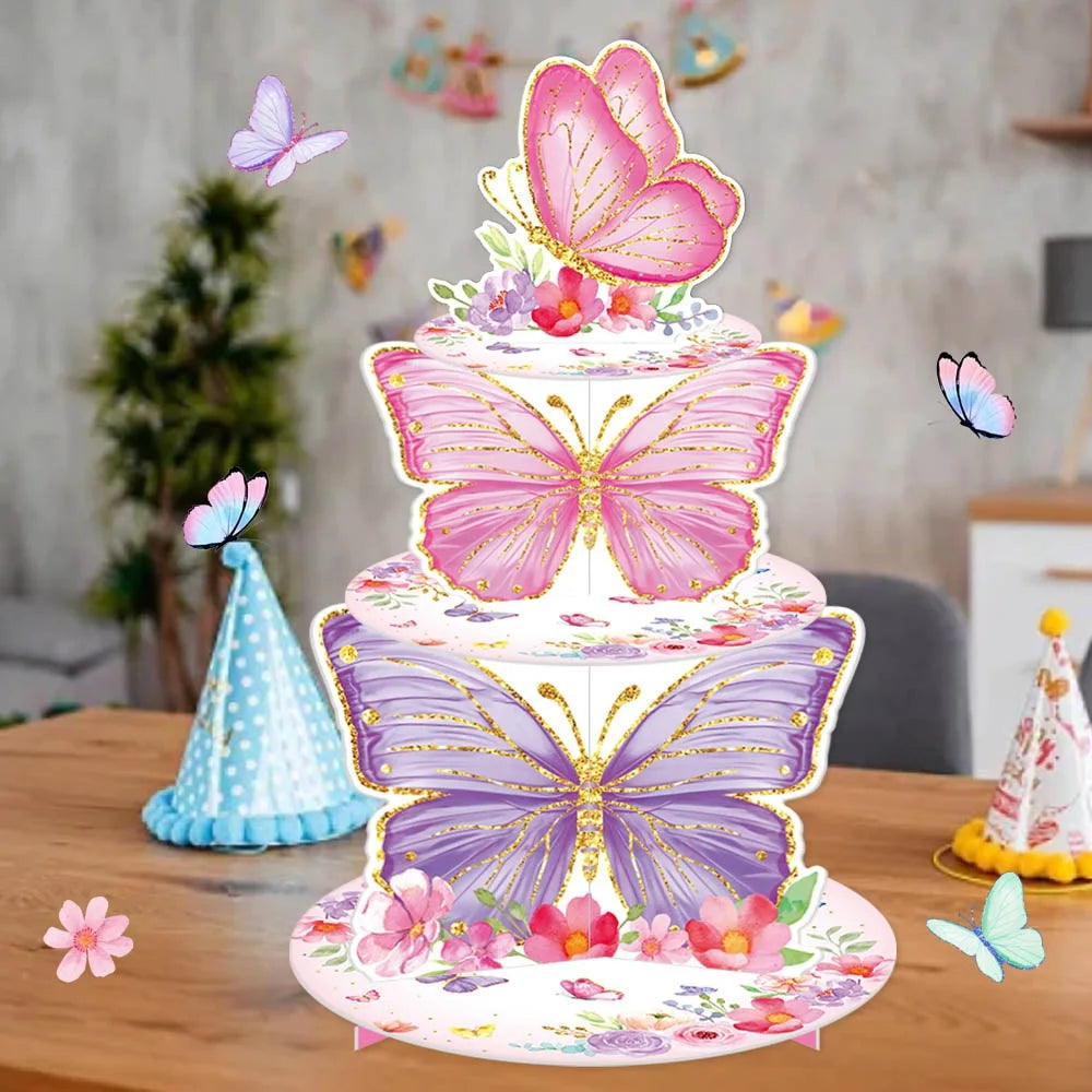 décoration gâteau papillons fleurs rose violet blanc doré piquet anniversaire mariage fête enfants