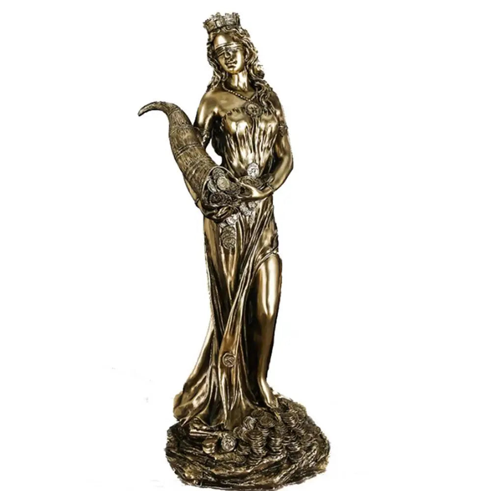 statue déesse antique dorée reliefs détaillés corne abondance couronne voile base pièces chance fortune