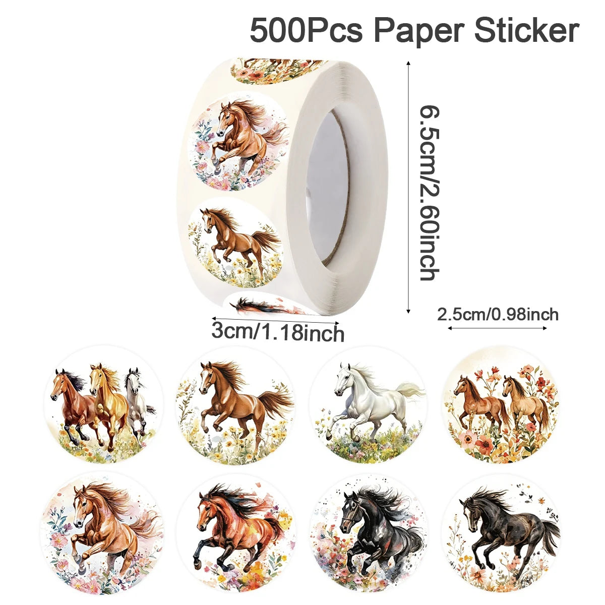 autocollants chevaux scènes naturelles fleurs blanc noir marron gris rose vert bleu illustration réaliste