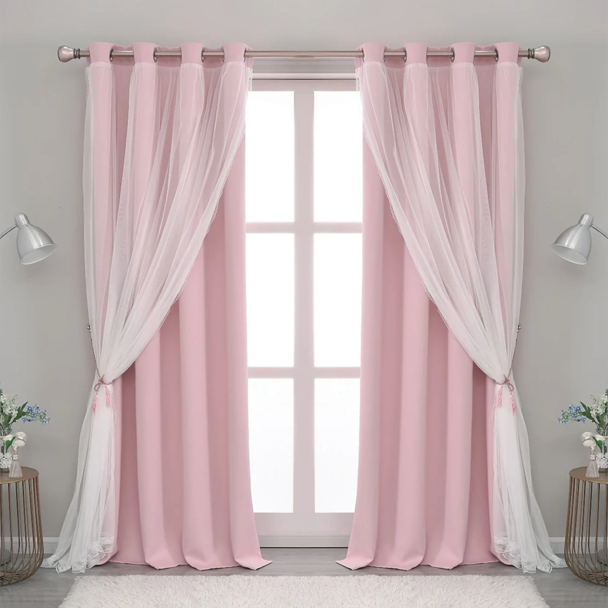 rideaux rose blanc dentelle semi transparent modernes panneaux polyester