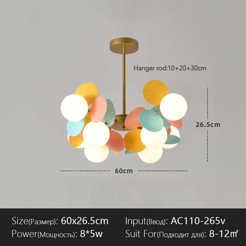 suspension lumineuse moderne multicolore boules translucides branches métalliques led salon chambre