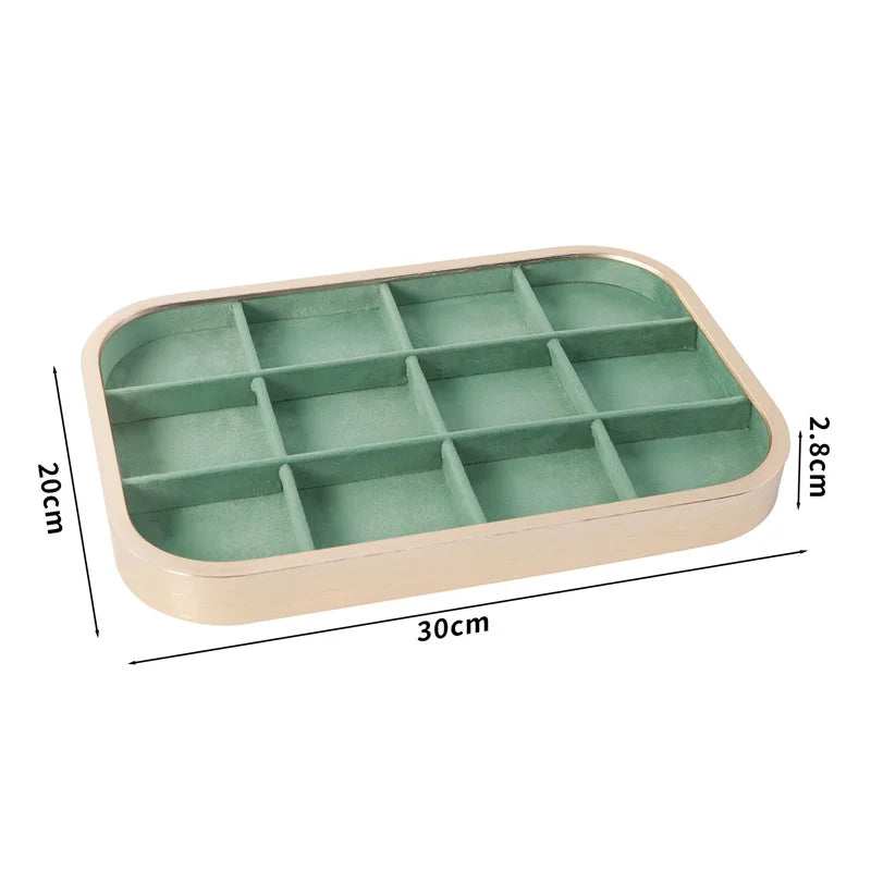 présentoir bijoux boîte velours vert clair moderne pochettes adhésives compartments dorés 30x20cm
