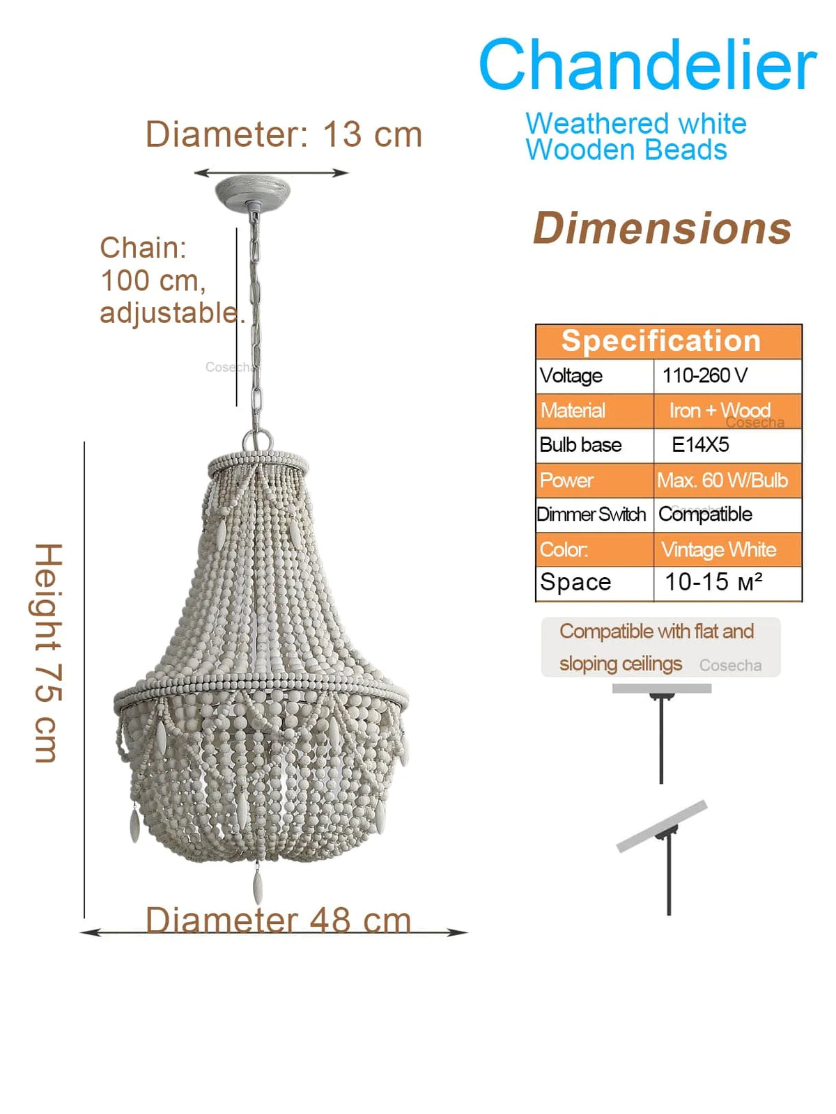 lampe suspendue bois blanc noire chaîne dorée classique vintage chambre cuisine salle manger