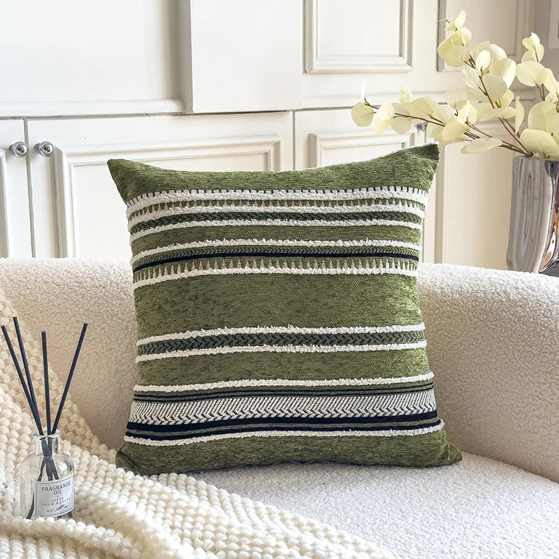 housse coussin rayé polyester 45x45cm moderne blanc beige gris vert chambre