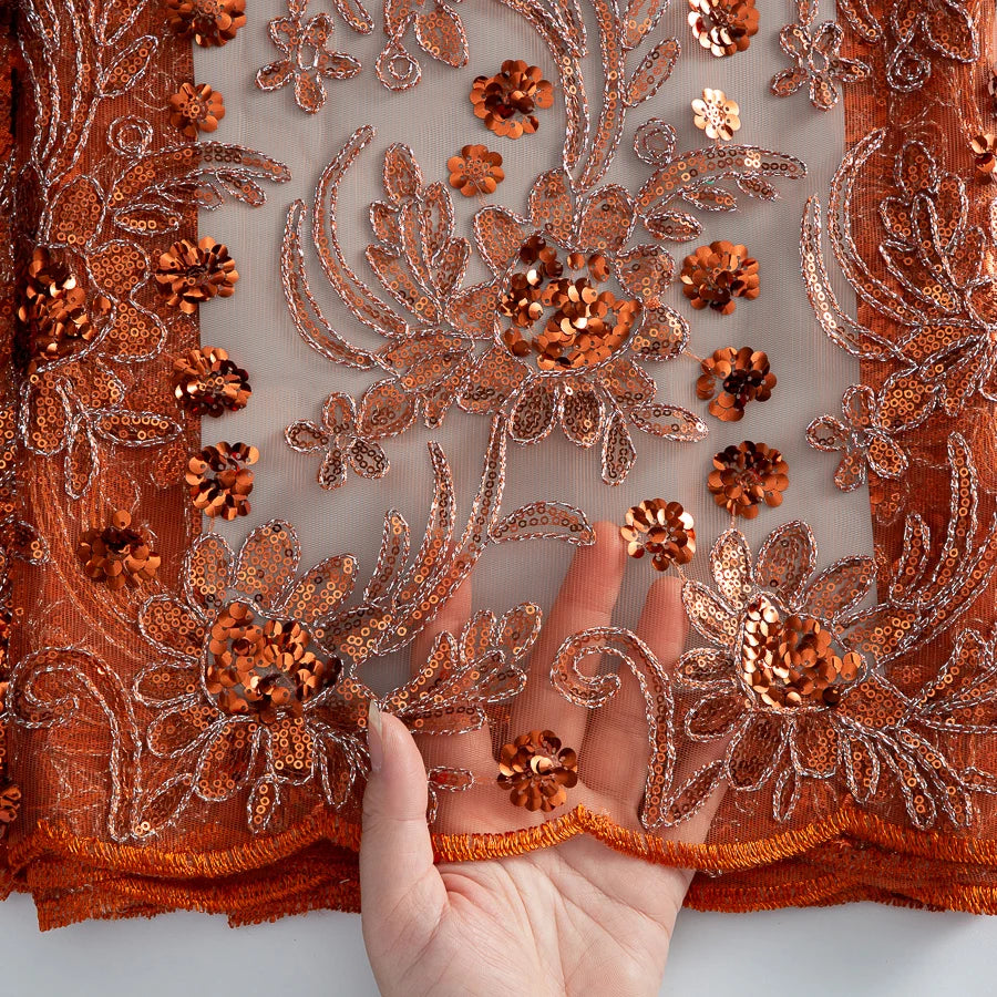 tissu polyester floral pailleté orange doré bleu vert translucide brodé party wedding prom dress