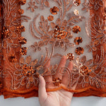tissu polyester floral pailleté orange doré bleu vert translucide brodé party wedding prom dress