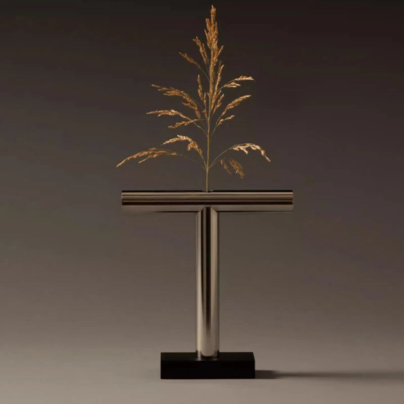 décoration intérieure vase moderne argenté base noire fleurs herbes dimensions 30.5cm