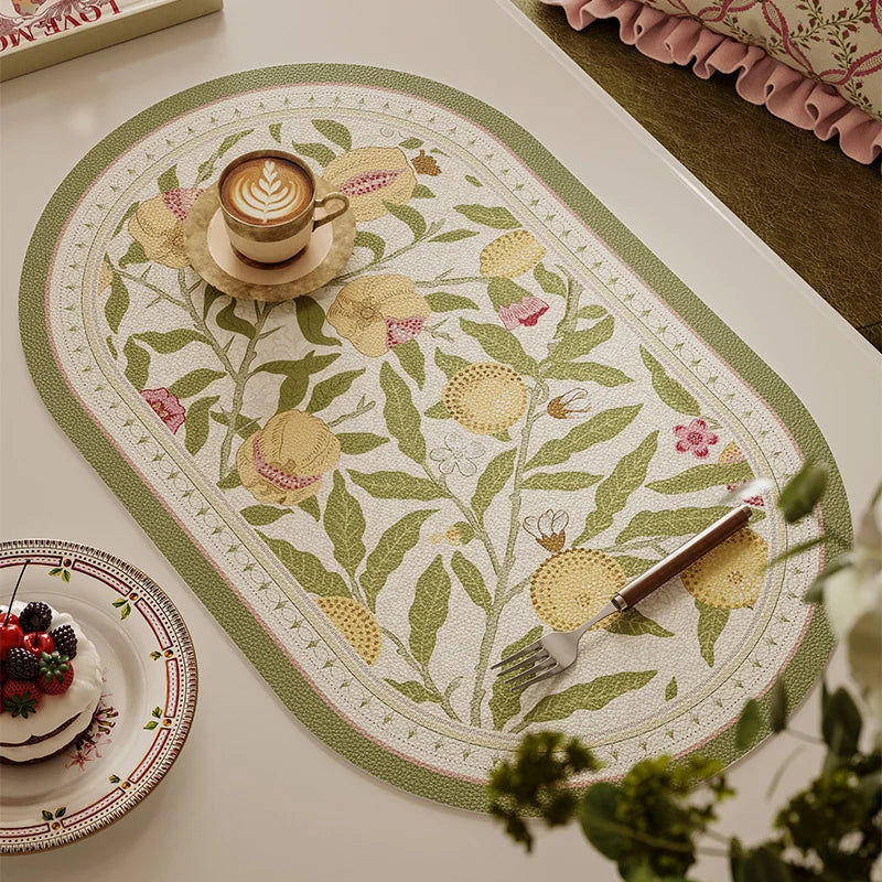 tapis table violet vert beige fleurs feuilles bordure rayée classique floral resistant pvc 30x50cm