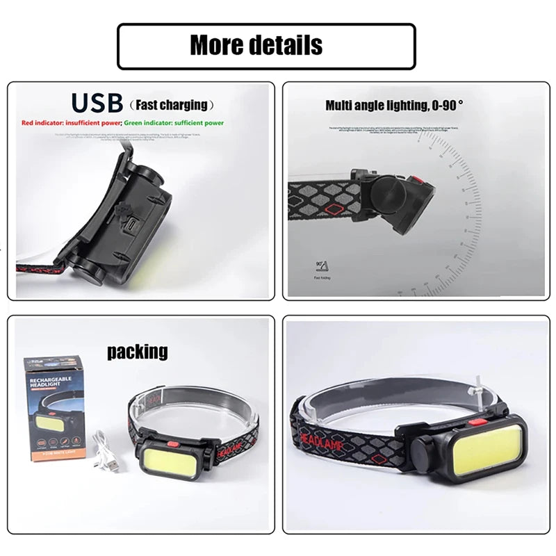 lampe frontale rechargeable led noire jaune clip moderne camping pêche randonnée usb