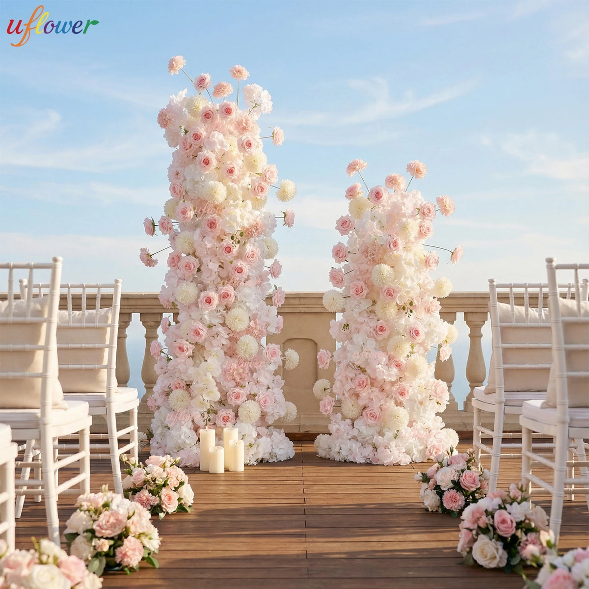 arche fleurs artificielles rose blanche décoration intérieure romantique grande salle événement festive