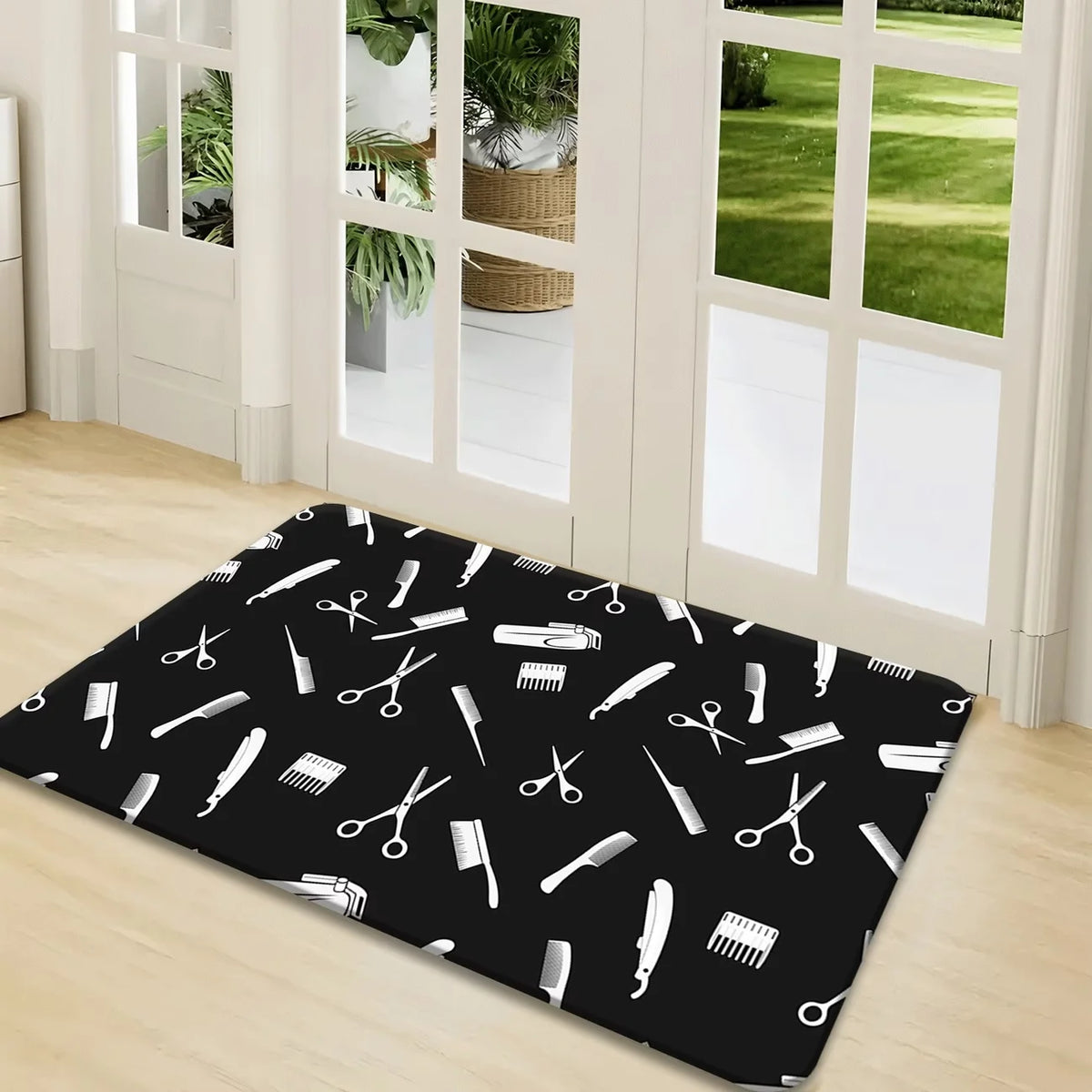 tapis moderne antidérapant salon entrée noir blanc rouge bleu motifs coiffure bienvenue