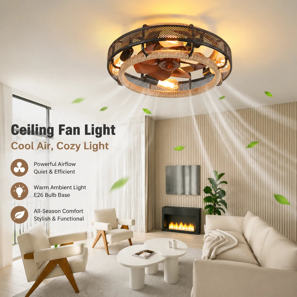 ventilateur éclairage intégré industriel rustique bohème pales métal ajouré corde tressée