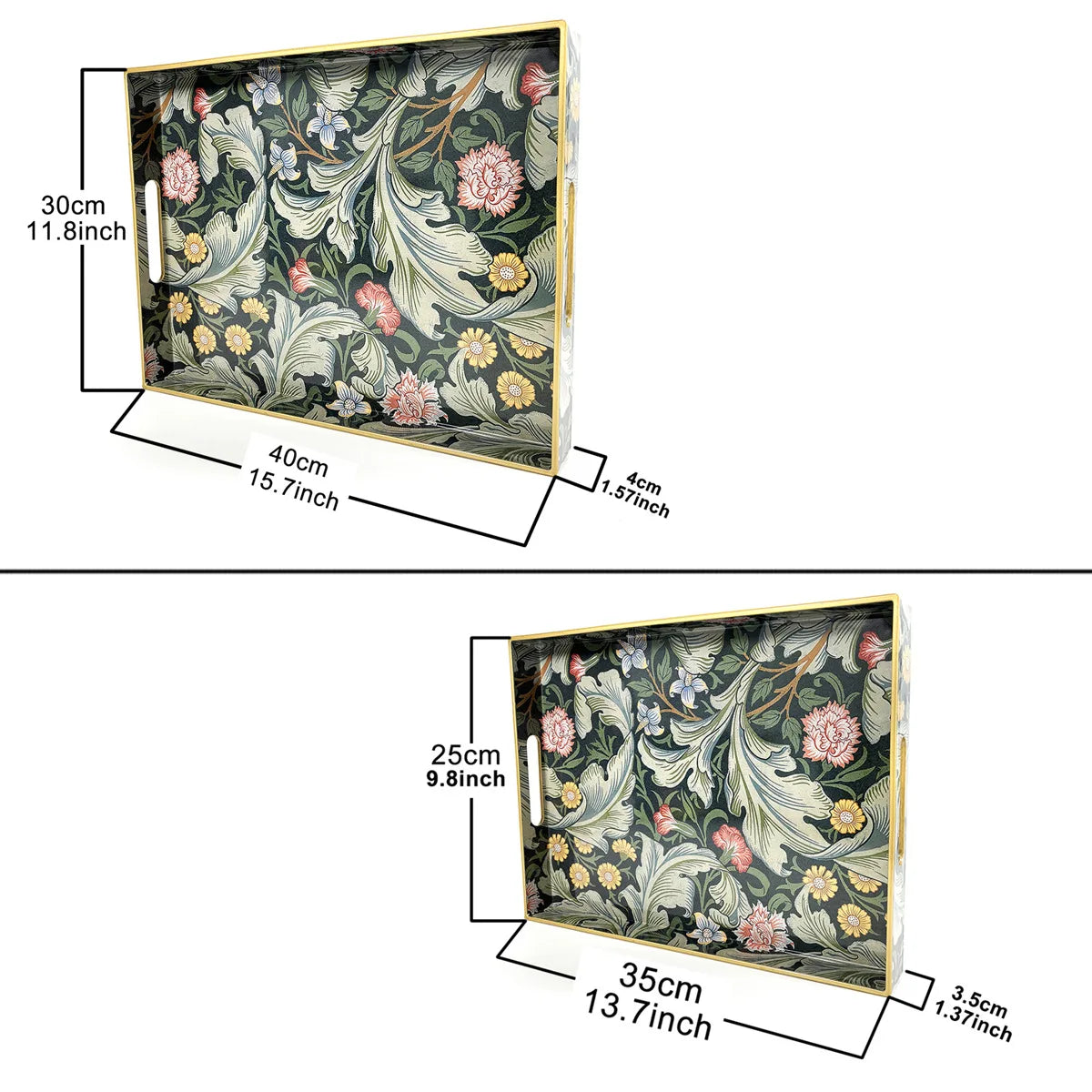 plateau rangement vintage plastique bleu marine motif floral poignées métalliques décoration intérieure classique