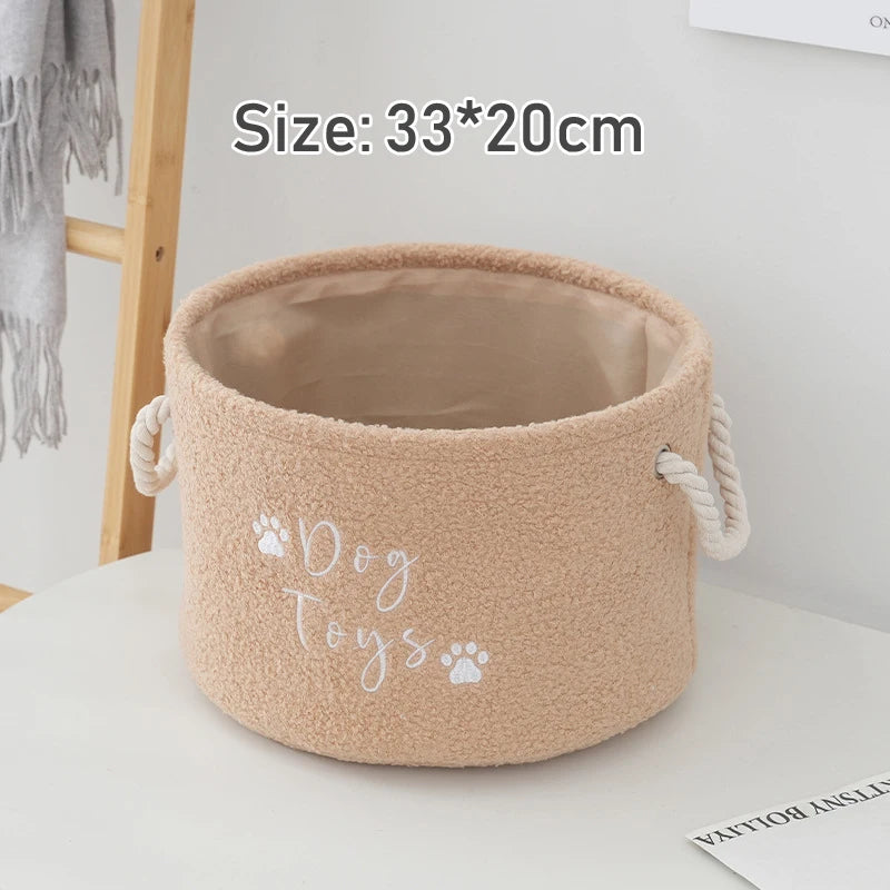 panier jouets peluche imprimé chiens rangement accessoires animaux compagnie moderne confortable anneaux métalliques poignées